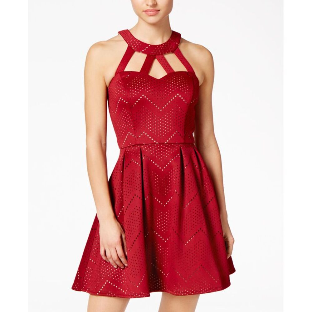 Crystal Doll Juniors Laser Cutout Halter Fit Flare Dress?id=2900
